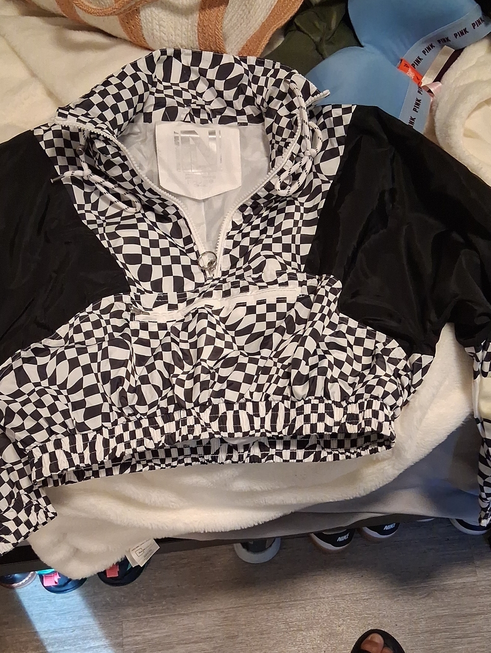 New Look Black & White Checkered Cropped Bomber Jacket